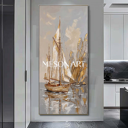 Art Deco Sailboat Painting With Gold Accents For Coastal Living Room Decor