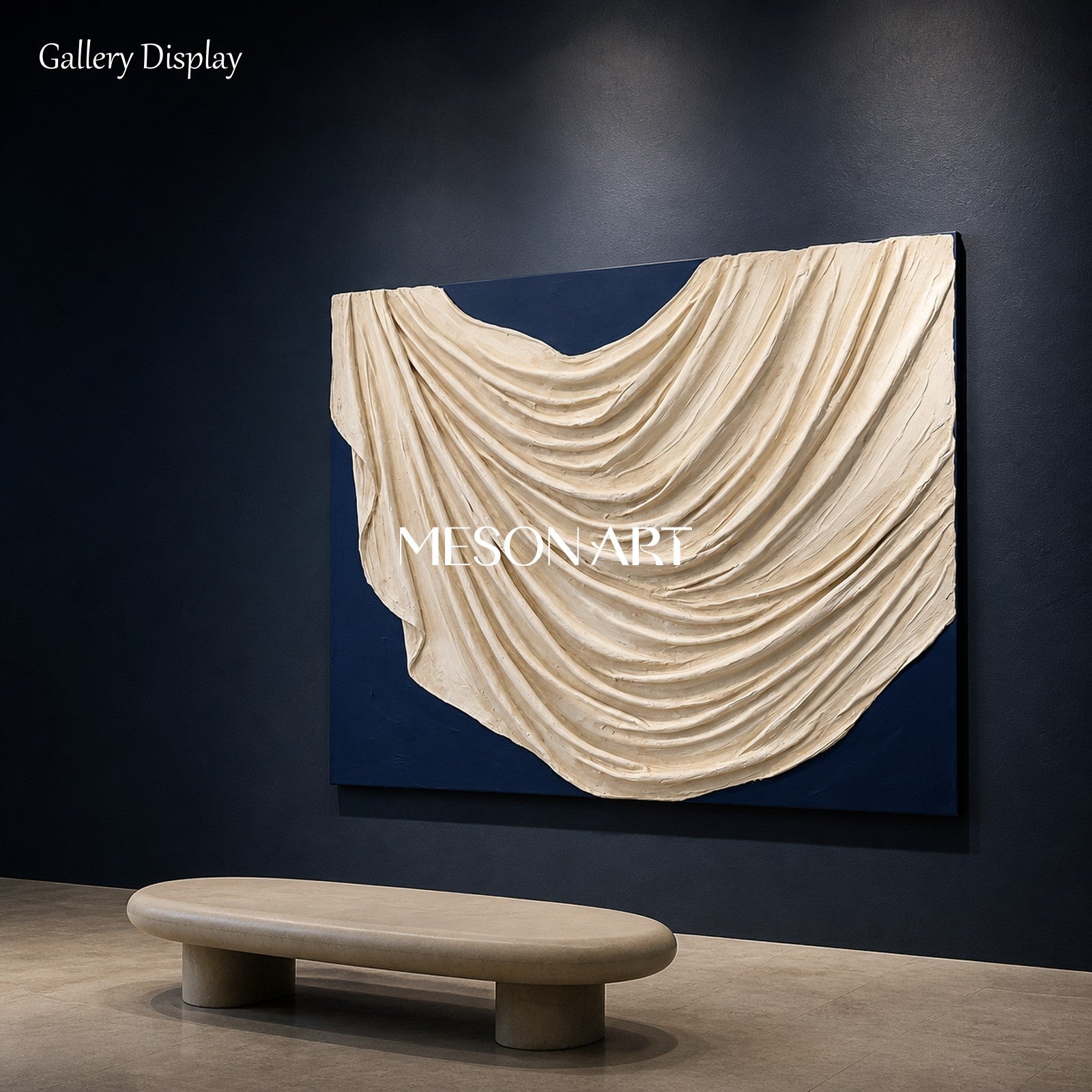 White And Blue Minimalist Textured Art Plaster Relief 3D Sculptural Wall Rectangular By Mesonart