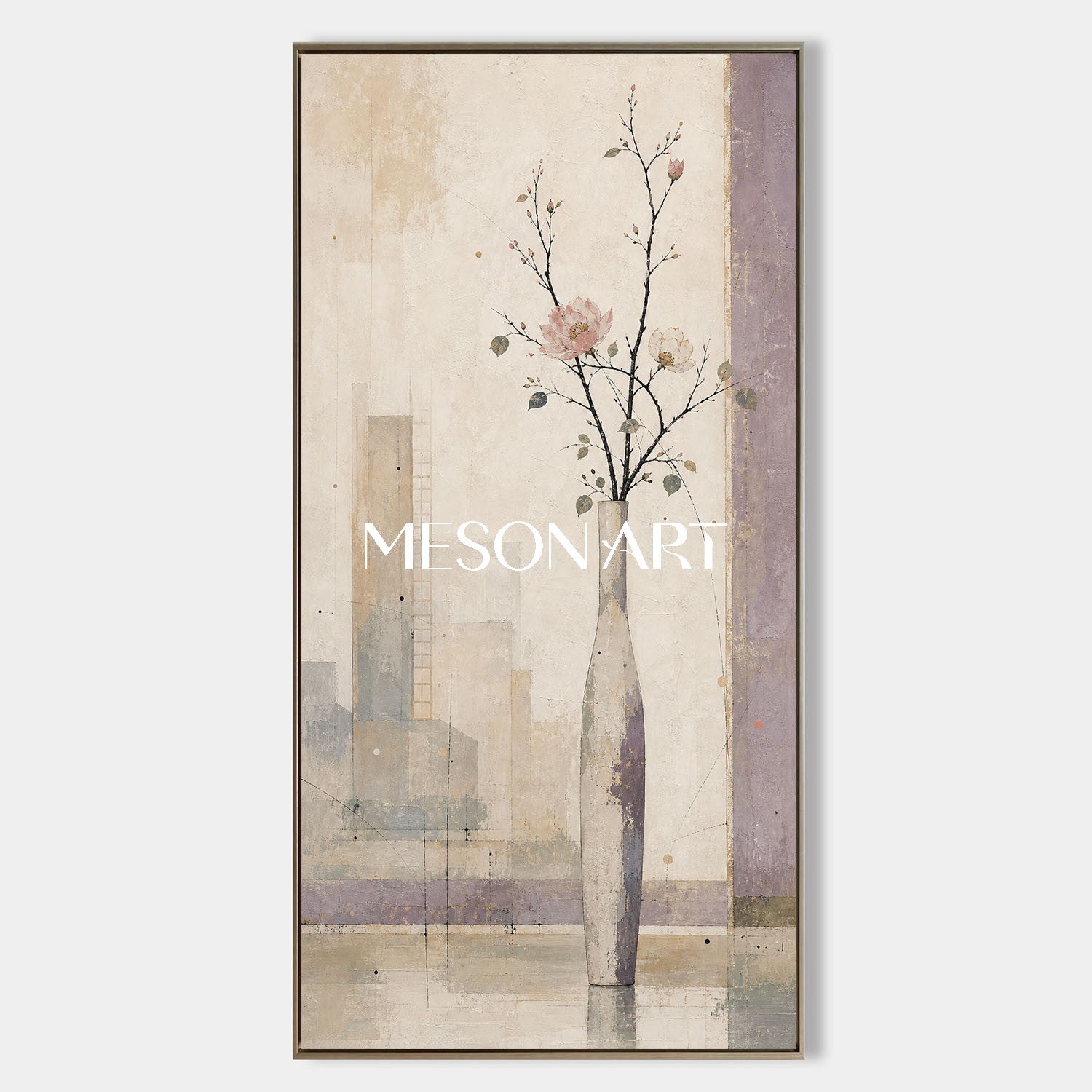 Large Floral Still Life Painting For Narrow Walls And Entryway Decor With Abstract Urban Background