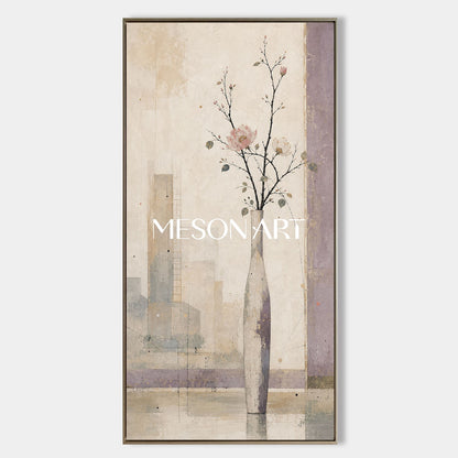 Large Floral Still Life Painting For Narrow Walls And Entryway Decor With Abstract Urban Background