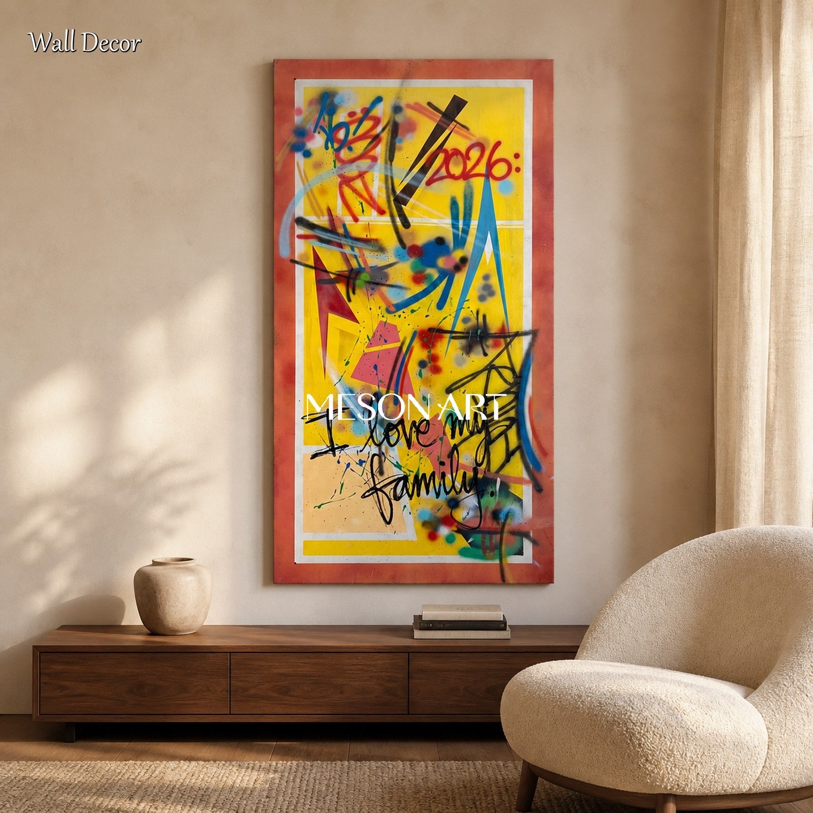 Red And Yellow Graffiti Art Original Artist Hand Painted Panoramic Wall Decor For Living Room By Mesonart