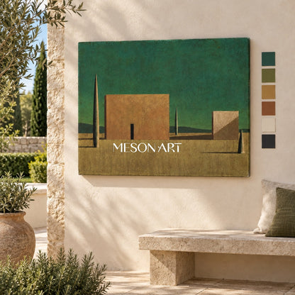Green And Brown Surrealist Metaphysical Art Rectangular Architectural Painting For Living Room By Mesonart