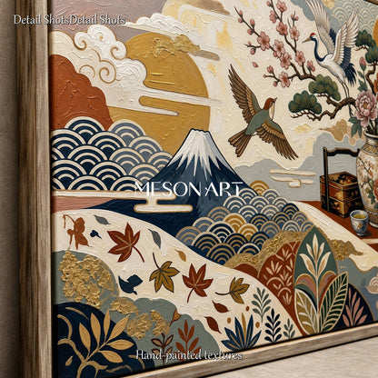 Japanese Ukiyo-E Crane Art With Gold Texture For Living Room Decor