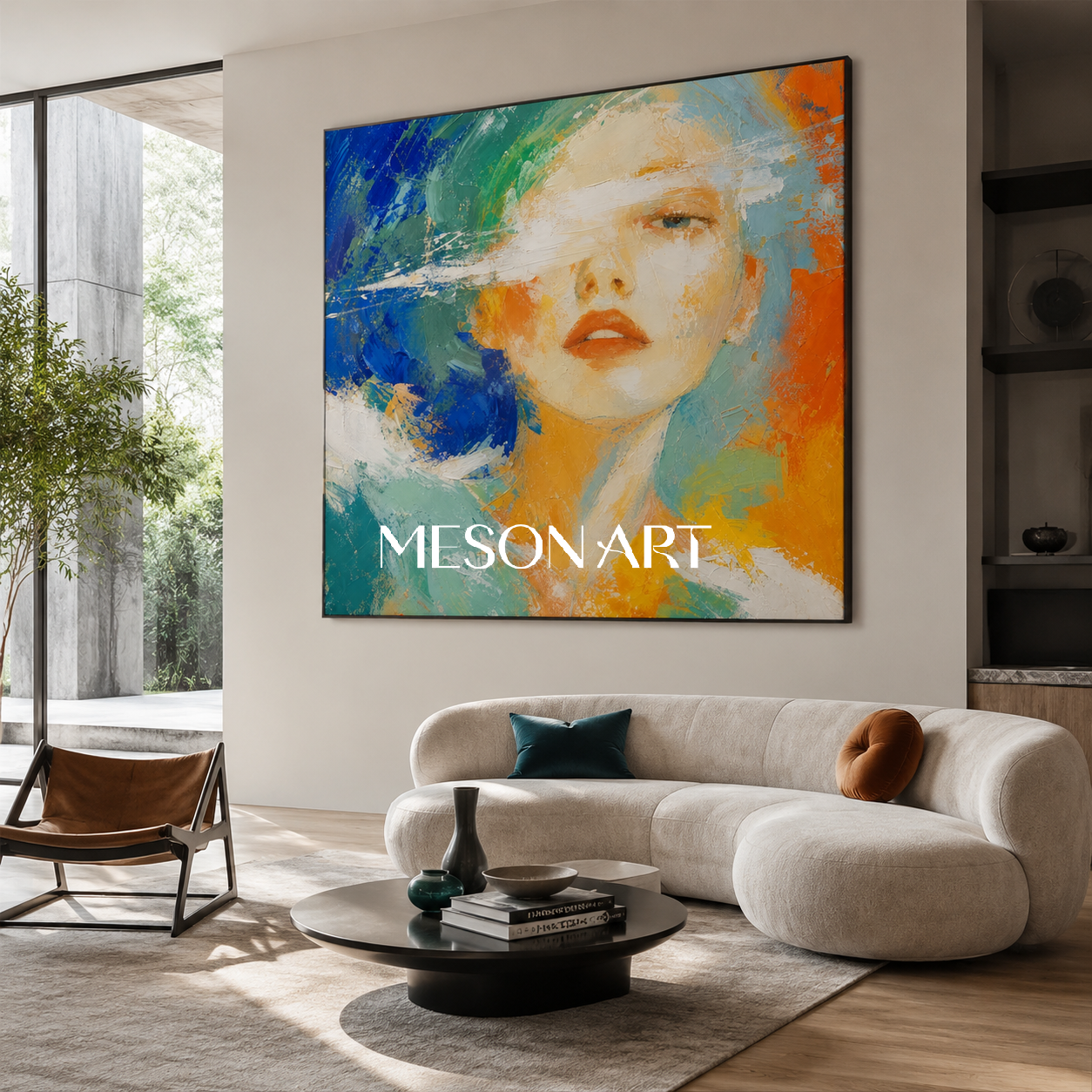 Blue And Orange Abstract Portrait Painting Colorful Contemporary Modern Woman Original Oil On Canvas Square Wall Art By Mesonart