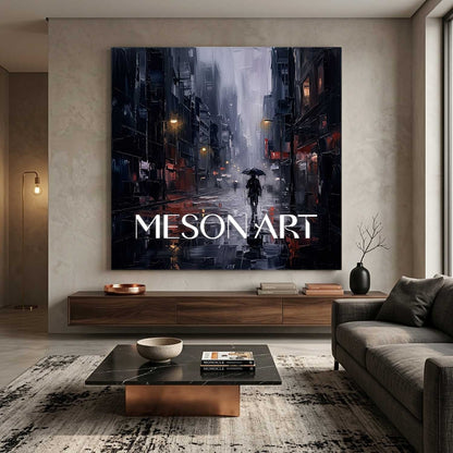 Abstract Cityscape Painting With Textured Plaster Finish For Industrial Loft Living Room