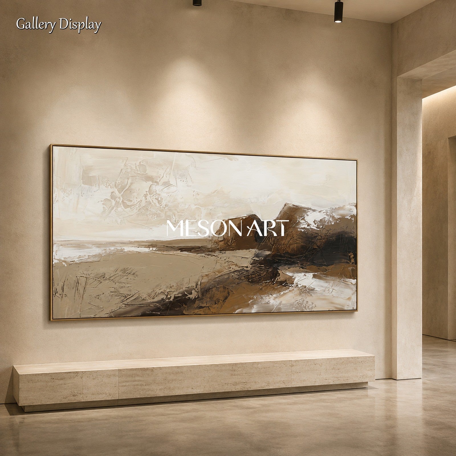 Beige And Brown Abstract Paintings For Wall Art Panoramic Framed Artwork By Mesonart