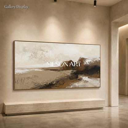 Beige And Brown Abstract Paintings For Wall Art Panoramic Framed Artwork By Mesonart