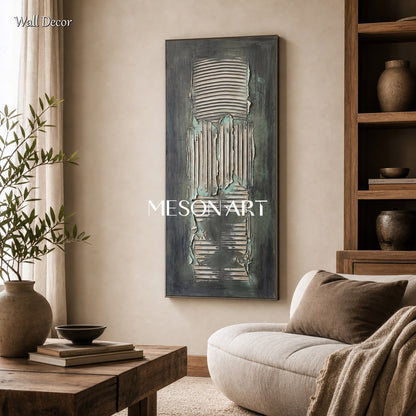 Green Abstract Plaster Texture Art With Gold Frame For Modern Home Decor