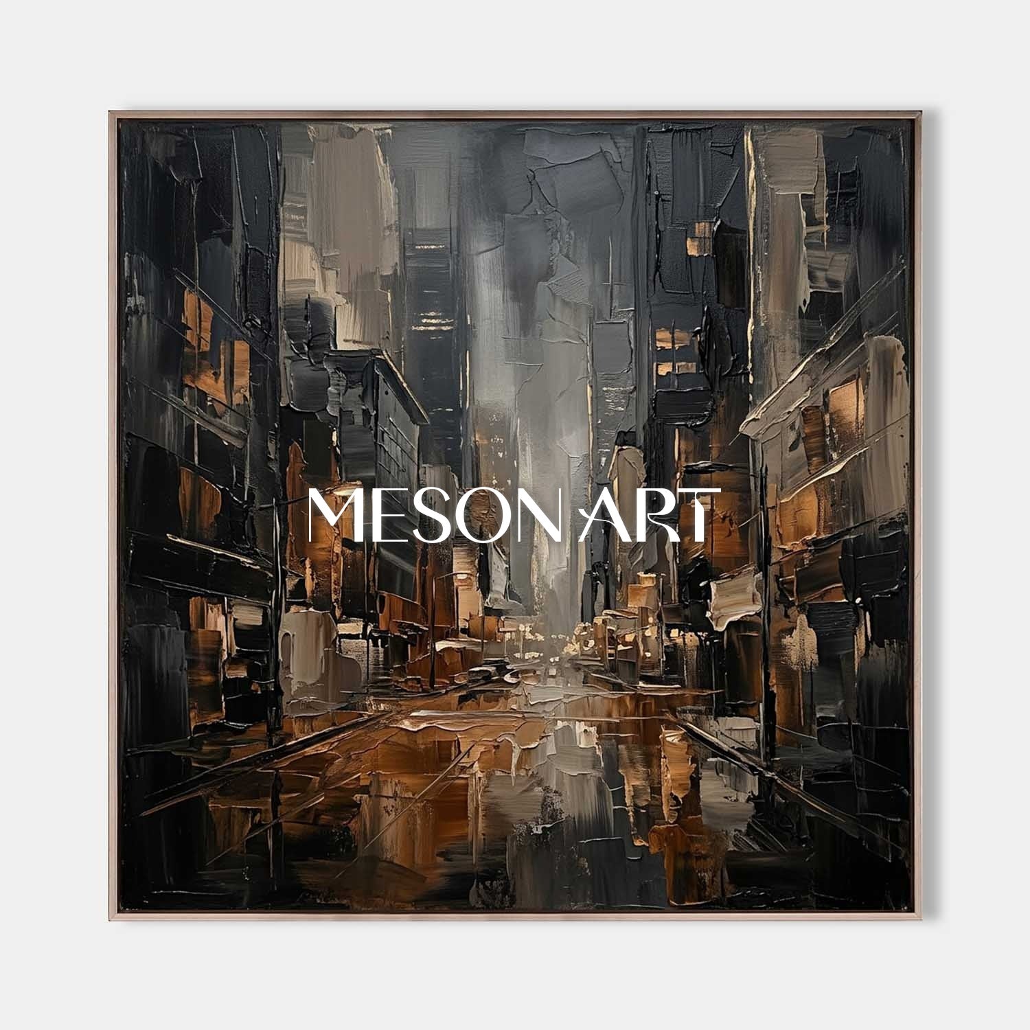 Bronze And Grey Abstract City Painting With Textured Plaster Finish For Executive Office Decor