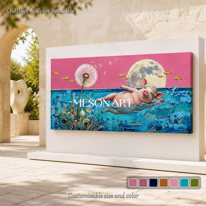 Pink And Blue Swimming Athlete Surrealist Painting Panoramic Wall Art Original Artist By Mesonart
