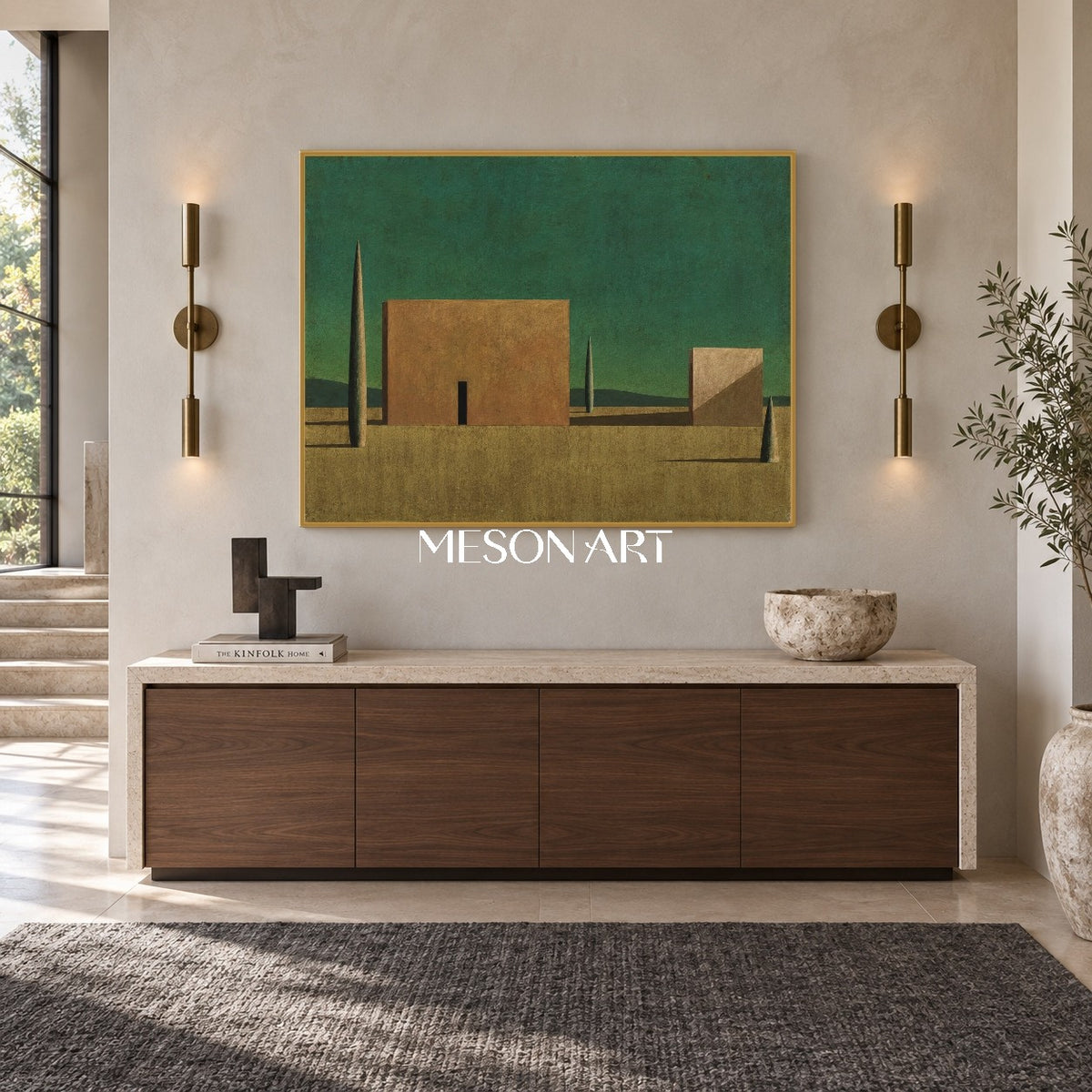 Green And Brown Surrealist Metaphysical Art Rectangular Architectural Painting For Living Room By Mesonart
