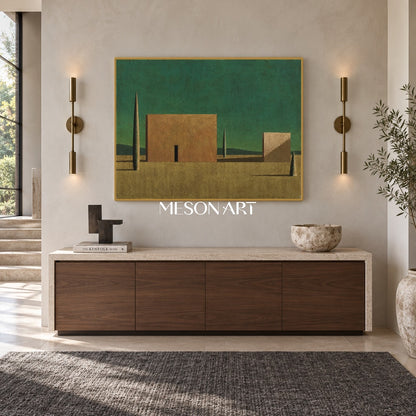 Green And Brown Surrealist Metaphysical Art Rectangular Architectural Painting For Living Room By Mesonart