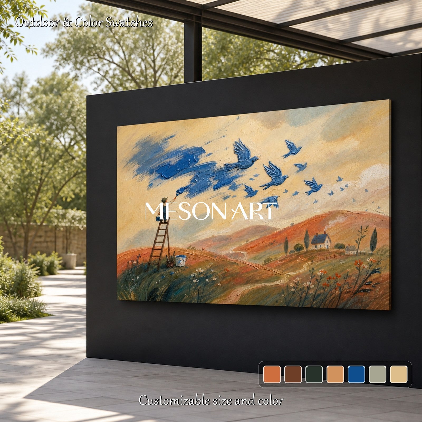 Blue And Beige Surreal Landscape Painting With Birds And Painter Rectangular Wall Art For Living Room By Mesonart