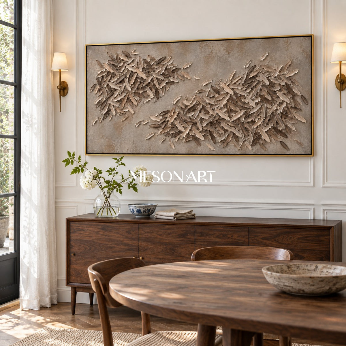 Beige And Brown Textured Abstract Art Minimalist Wabi Sabi Panoramic Wall Decor For Living Room By Mesonart