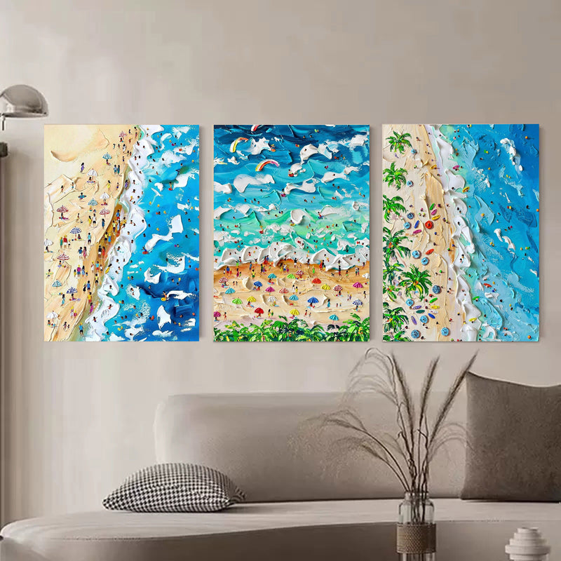 Blue Wave Beach Painting Set of 3 Summer Seaside Holiday Canvas Art Blue Sea Beach Texture Wall Art