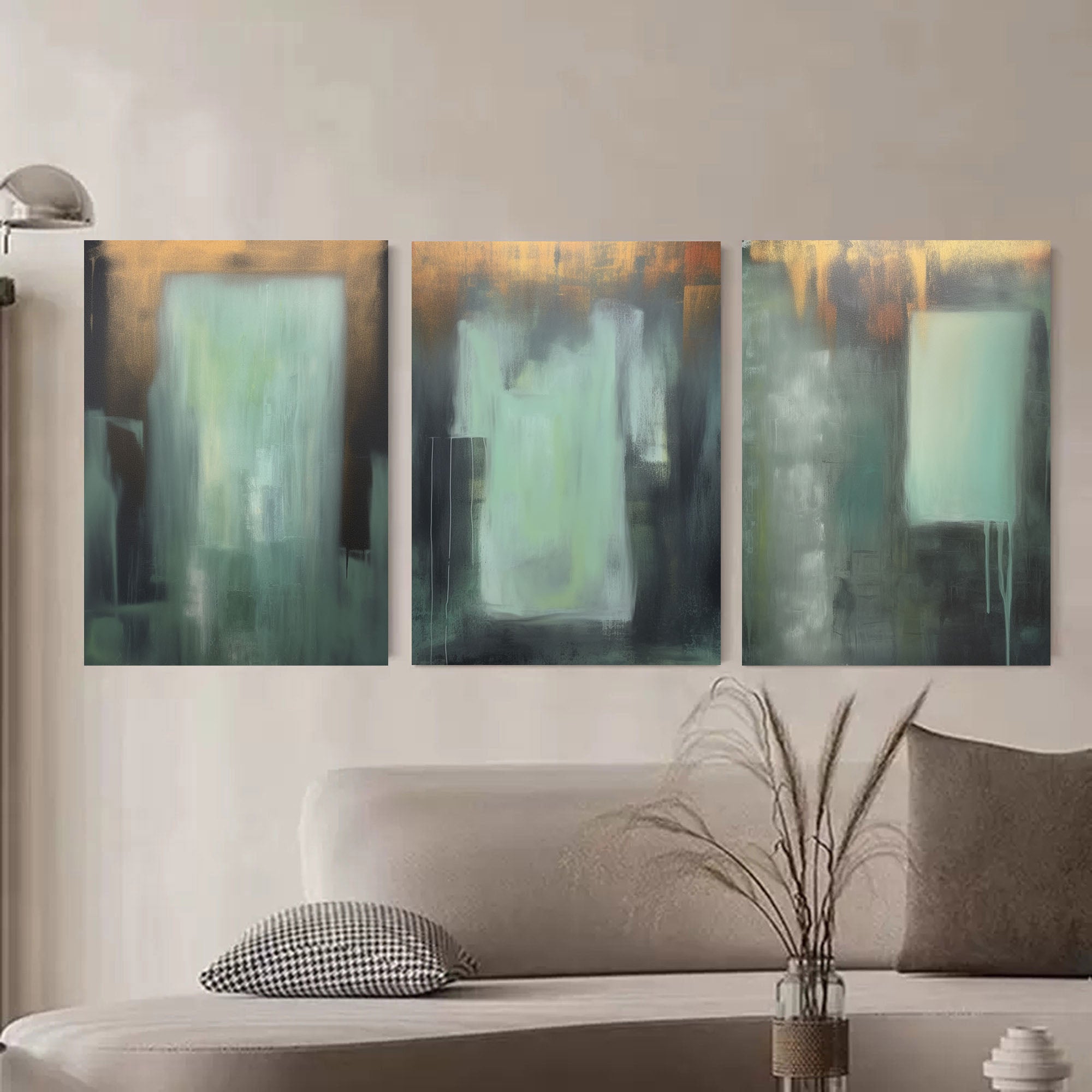 Green and Gold Minimalist Art 3 Piece Set Wabi-Sabi Wall Art Green and Gold Canvas Wall Art