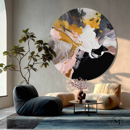 Modern Abstract Gold & Pink Round Wall Art Textured Modern Canvas Painting 