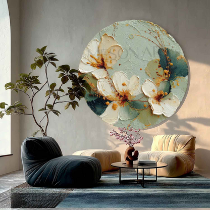 Organic Floral Round Wall Art Hand-Painted Painting Cream Petals on Textured Canvas