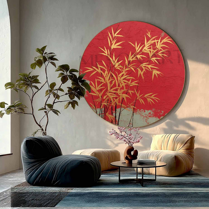 Luxury Round Wall Art with Bamboo Oriental Minimalist Zen Gold Bamboo on Red Textured Canvas