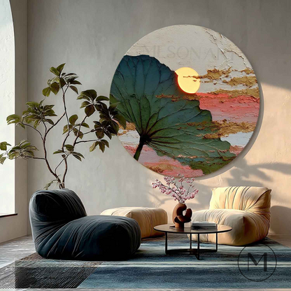 Wabi-Sabi Sunset Lotus Wall Art – Textured Round Canvas for Zen Interiors