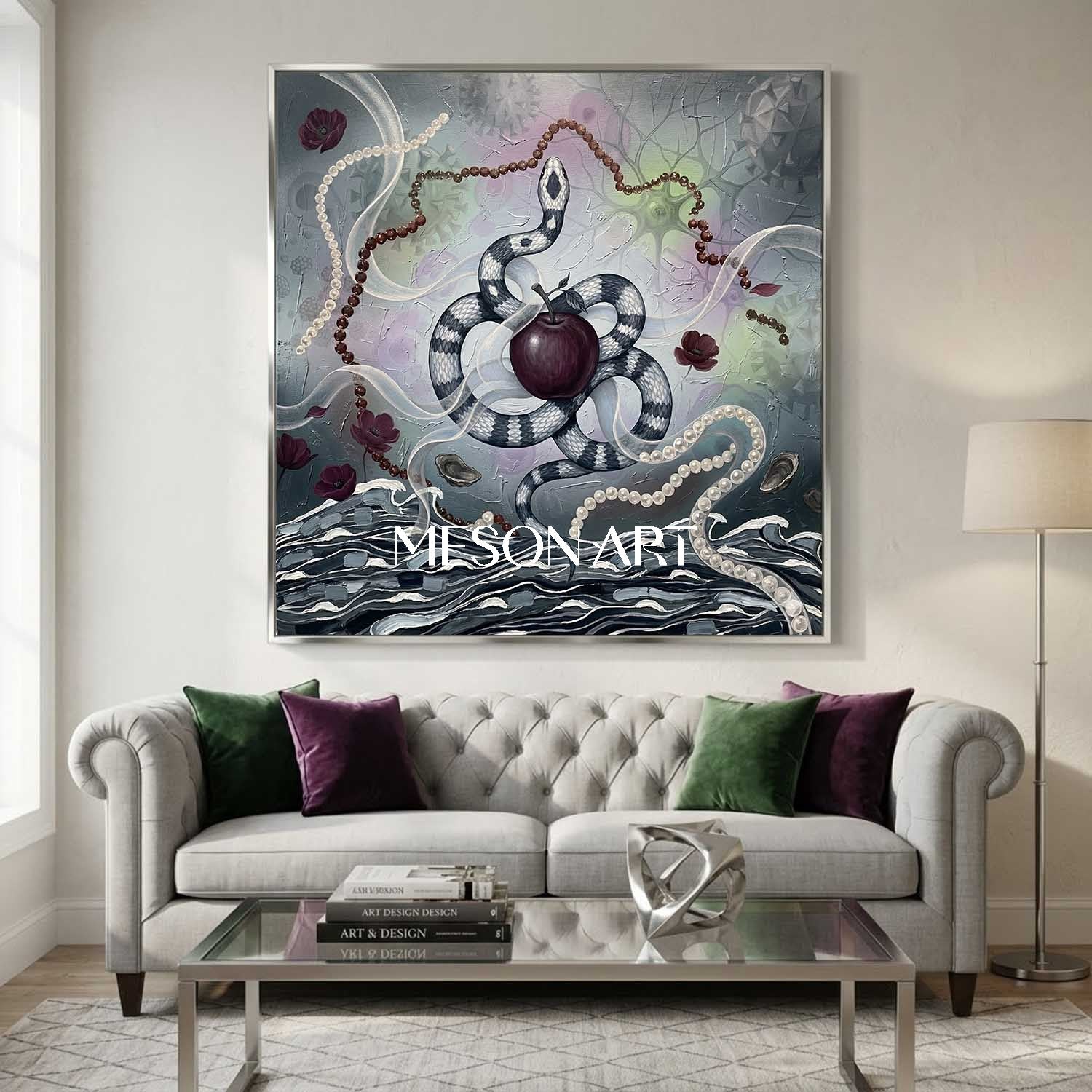 オリジナルのシュルレアリスム蛇油絵リンゴ額装壁アートバスルーム