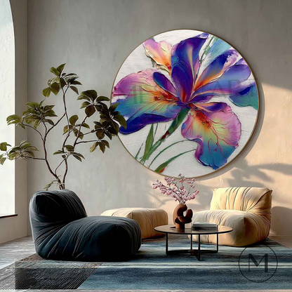 Hand-Painted Iris Flower Round Wall Art – Textured 3D Oil Painting for Modern Home Decor