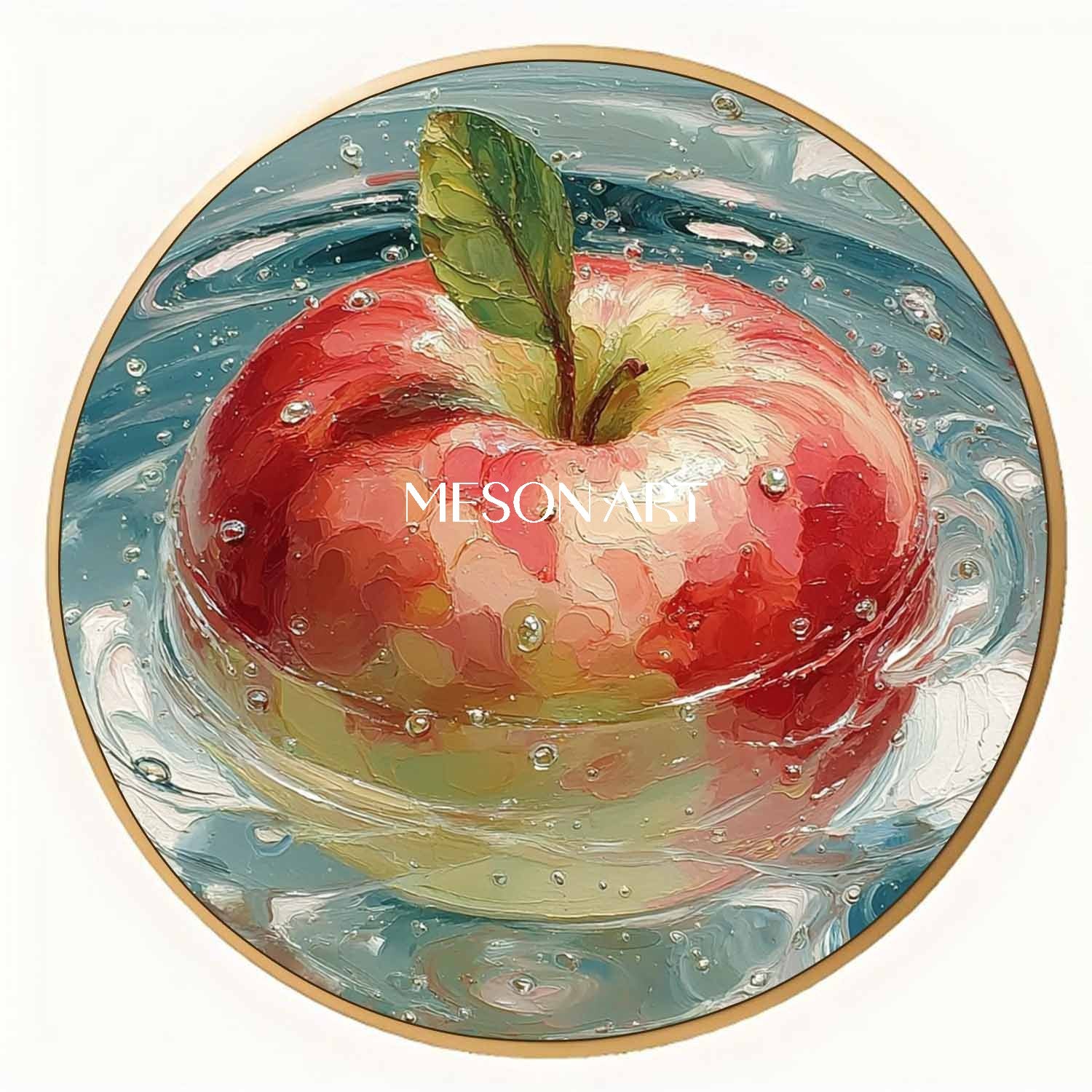 Round Apple Oil Painting on Canvas – Hand-Painted Kitchen Wall Art