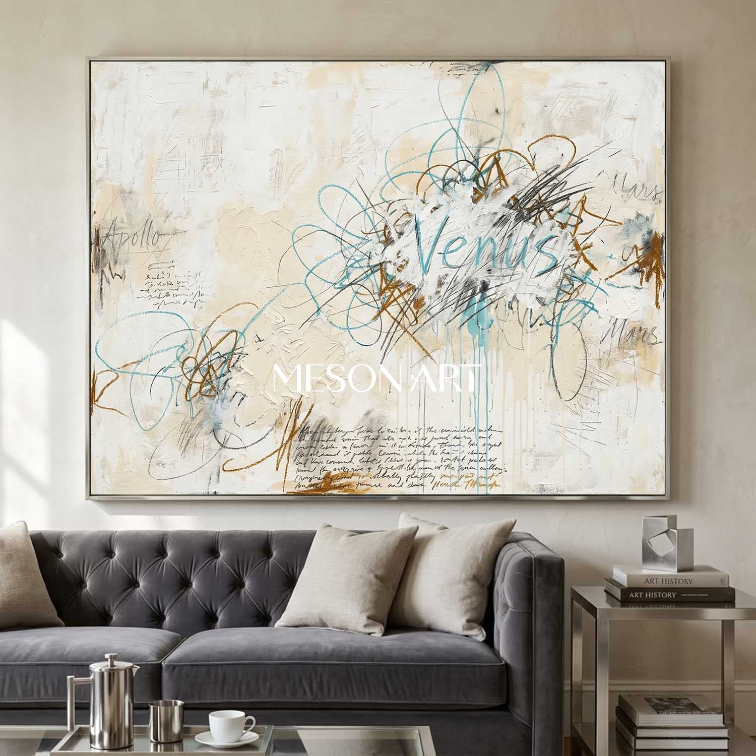 Handmade Beige Scribble Canvas Minimalist Art Luxury Villa Wall Decor