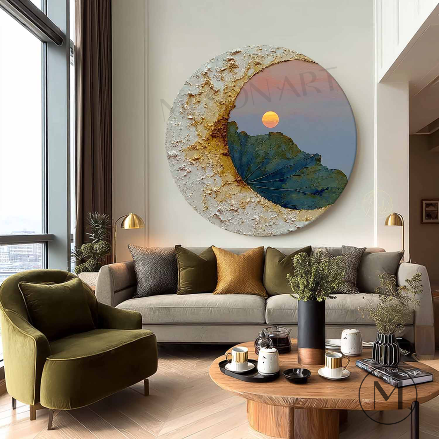 Moon Art on round canvas,Zen Sunset Botanical Wall Art,Painting,WABI-SABI Art