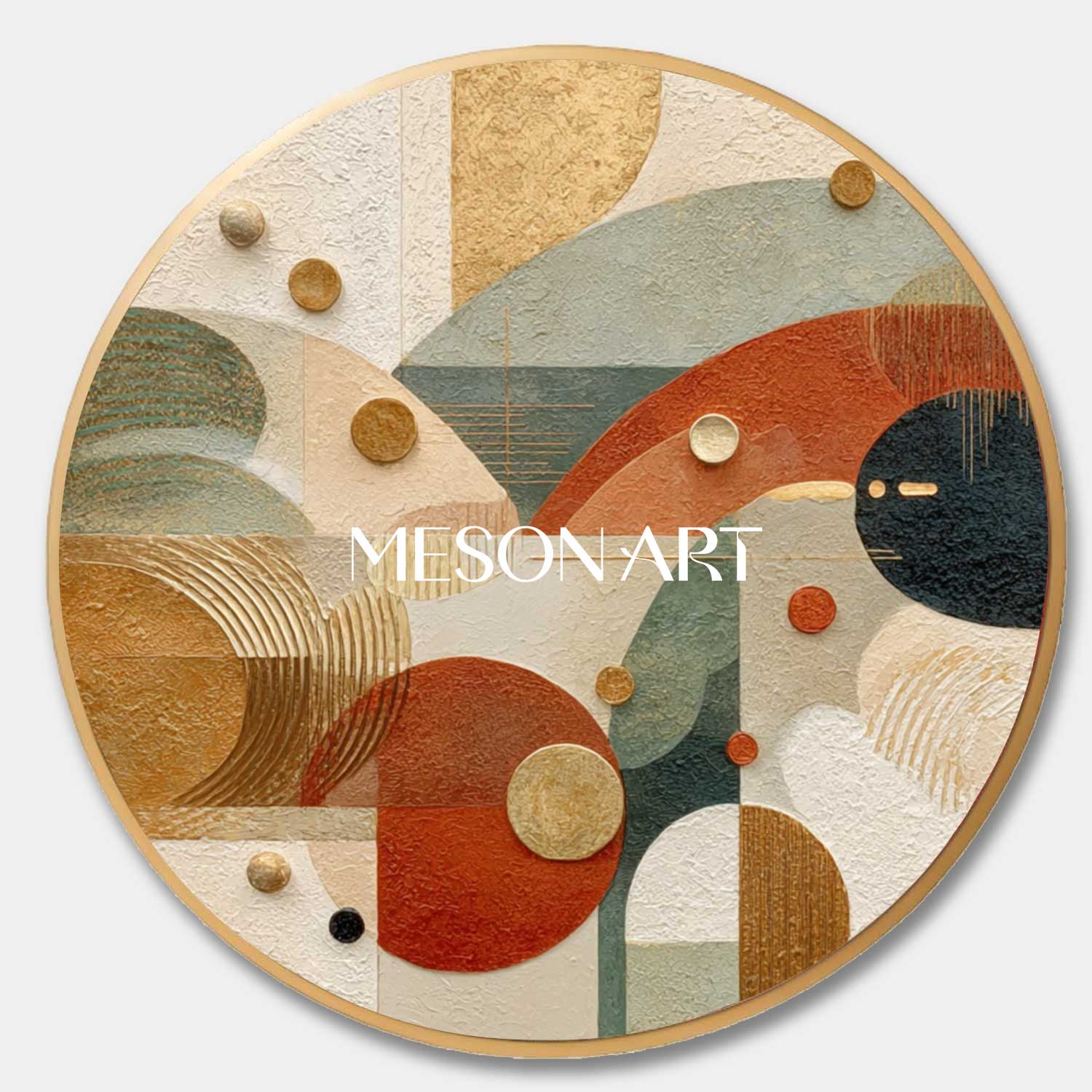 Bold Modern Round Abstract Wall Art – Red, Gold & Green Textured Canvas