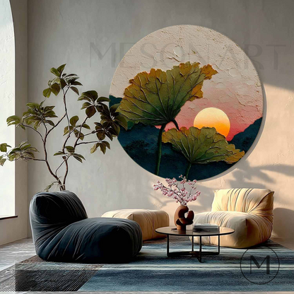 Nature-Inspired Summer Sunset Wall Art Round Canvas – Textured Round Painting for Zen Lotus Decor