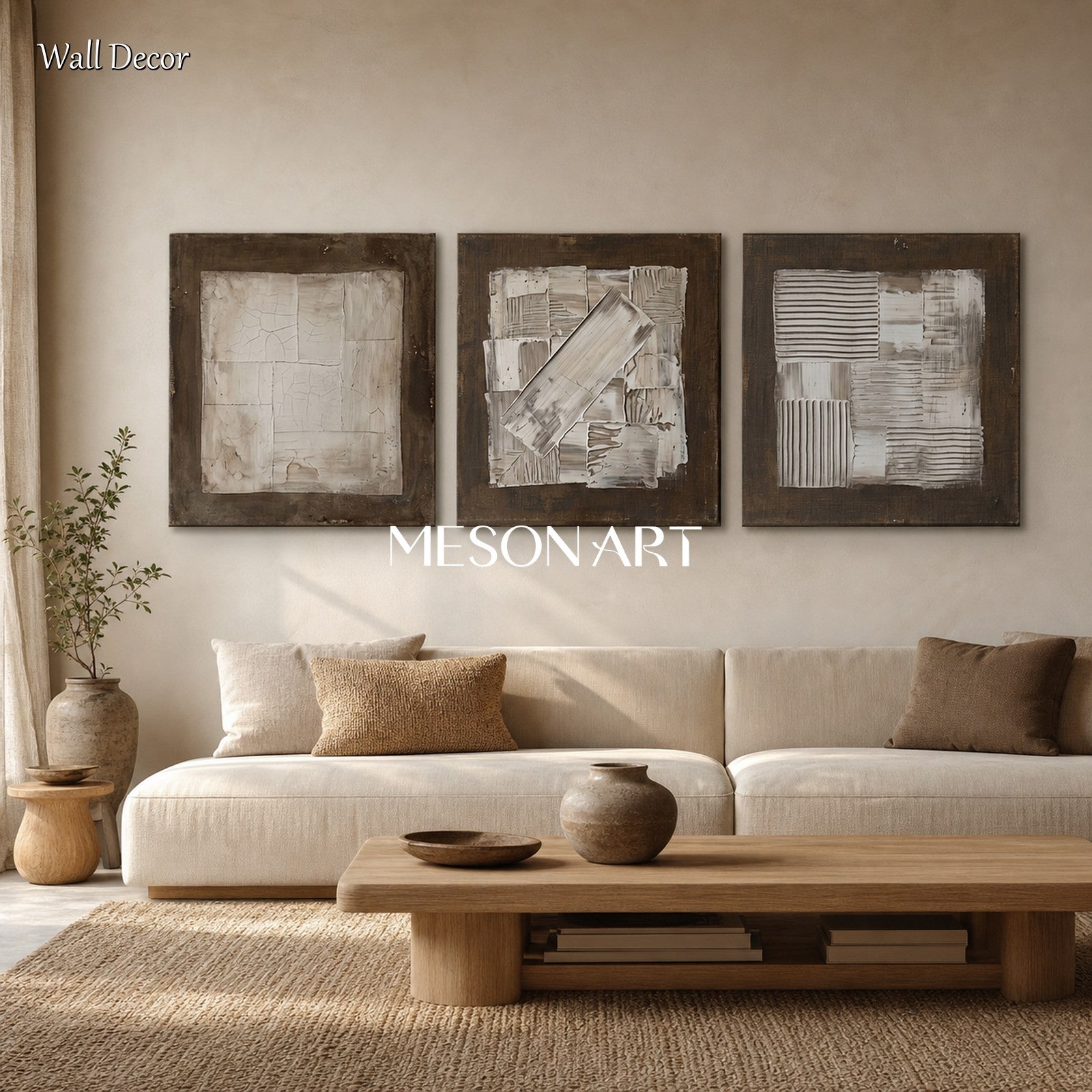 Brown Abstract Art Triptych With Textured Relief For Modern Living Room Decor