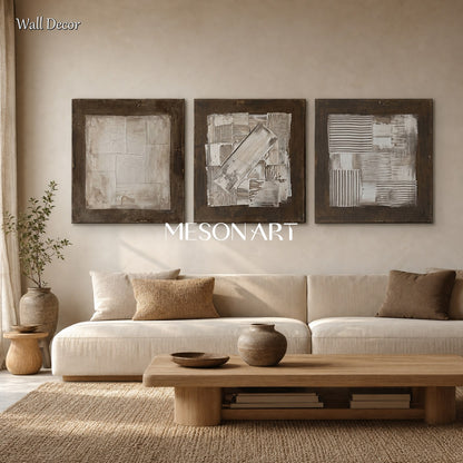 Brown Abstract Art Triptych With Textured Relief For Modern Living Room Decor