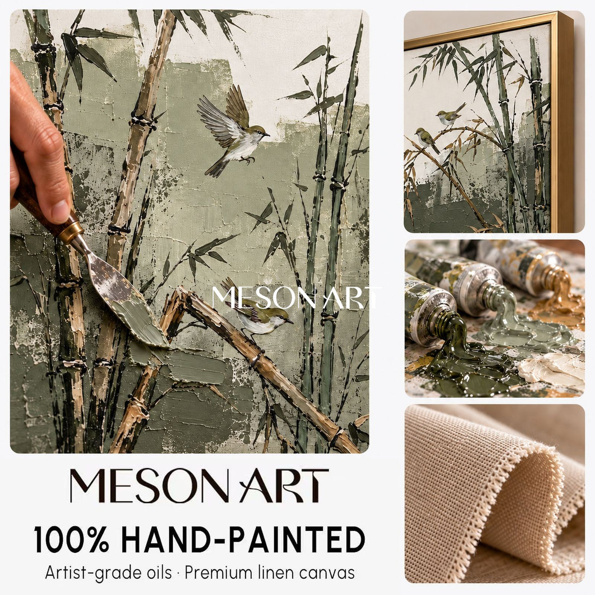 Green And Beige Bamboo And Warbler Art Panoramic Wall Decor For Living Room By Mesonart
