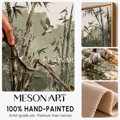 Green And Beige Bamboo And Warbler Art Panoramic Wall Decor For Living Room By Mesonart