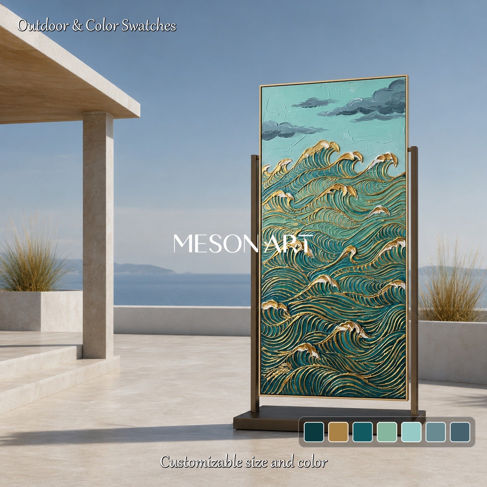 Large Gold Wave Painting With Teal Textured Relief For Art Deco Entryway And Living Room Decor
