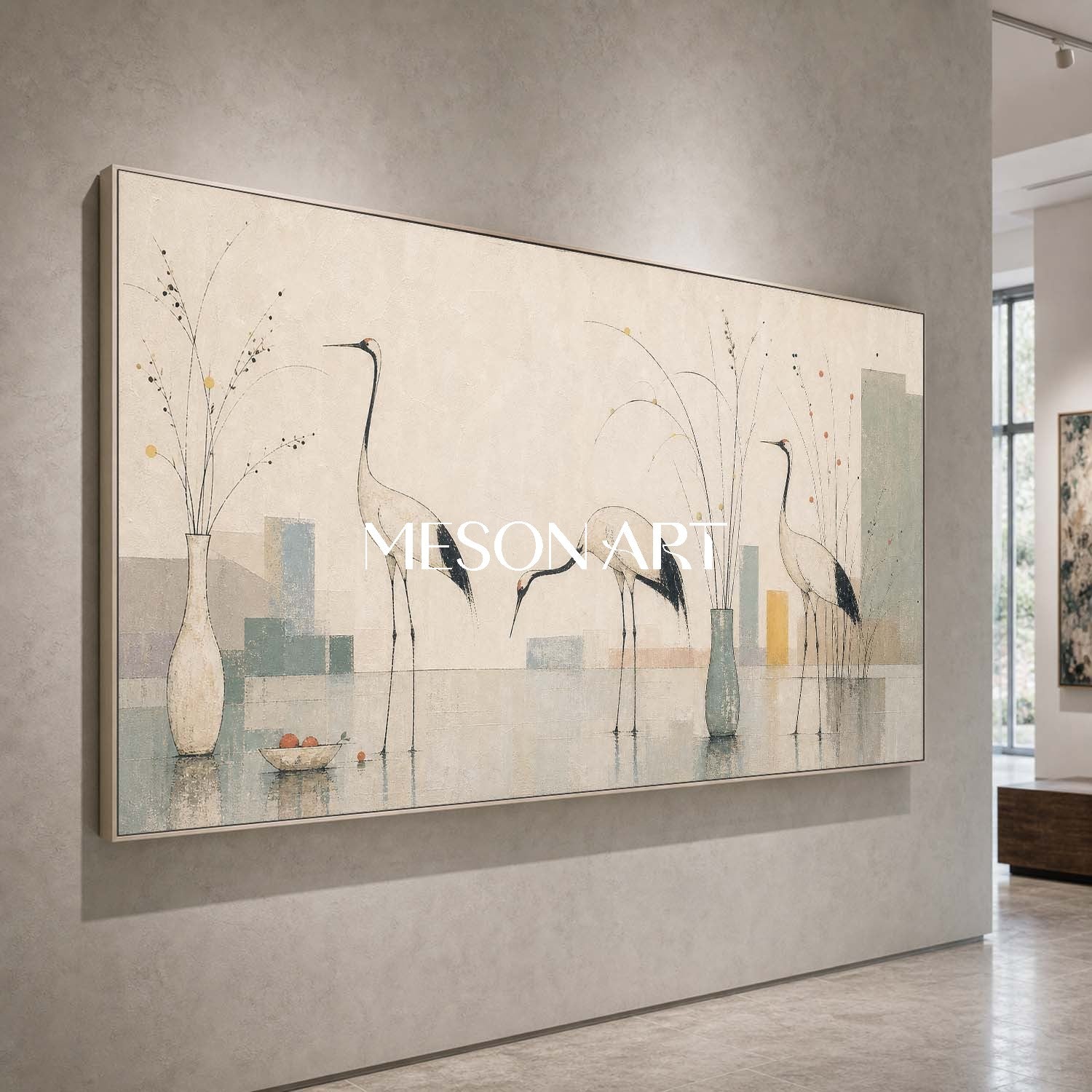 Large Minimalist Crane Wall Art With Still Life For Modern Living Room Decor