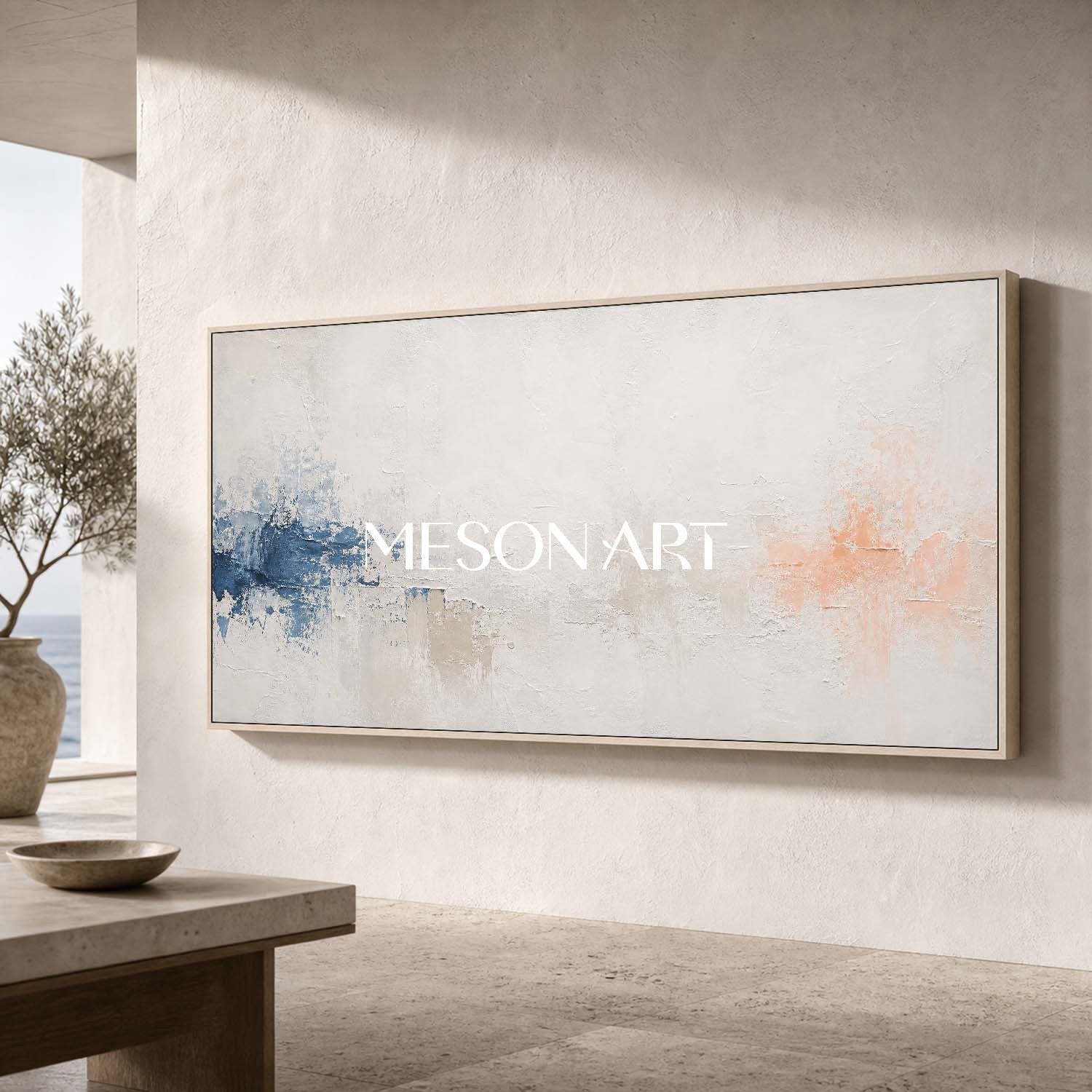 Blue And White Minimalist Abstract Painting For Modern Living Room Decor With Textured Canvas