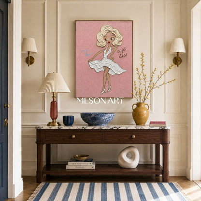 Playful Fashion Girl Painting In Pink With Textured Brushwork For Bedroom Decor