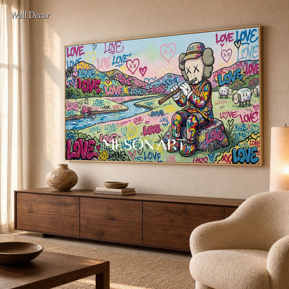 Vibrant Graffiti Pop Art Painting With Love Motifs For Modern Living Room Decor