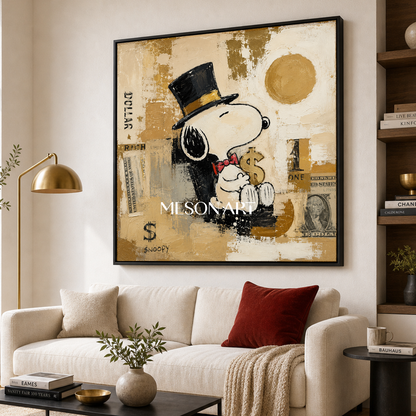 Snoopy Pop Art Painting With Gold Accents For Modern Living Room Decor