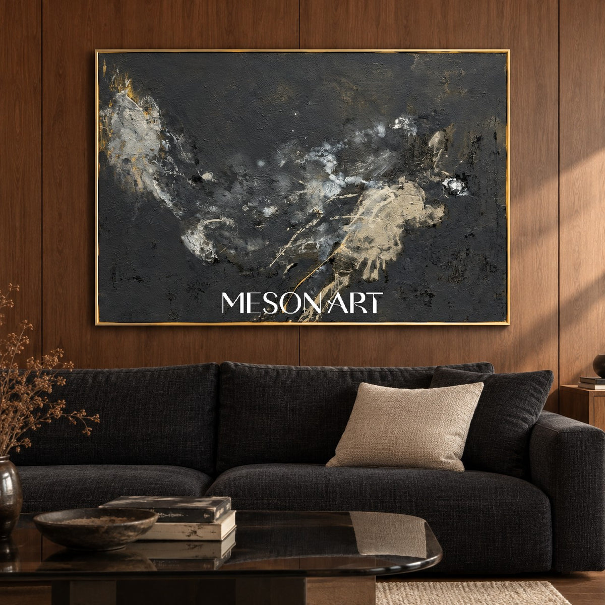 Black And Gold Abstract Art Rectangular Wall Decor Modern Mixed Media Painting Original Artist By Mesonart