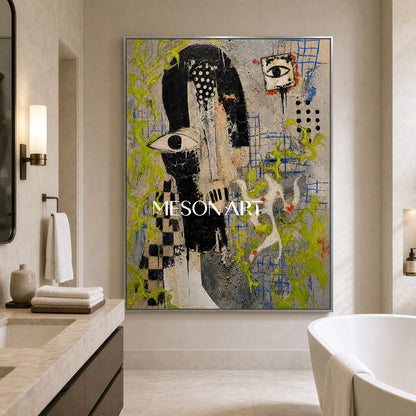 Urban Graffiti Portrait Art With Symbolic Eyes And Green Accents For Modern Loft Decor