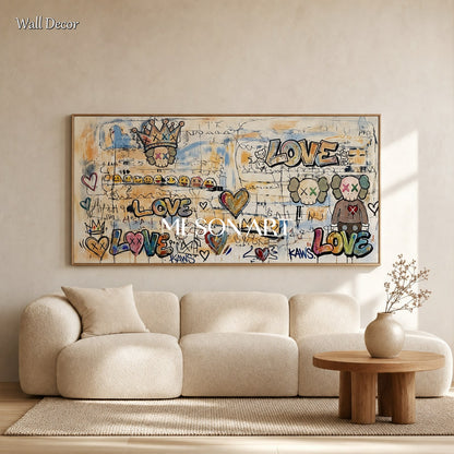 Urban Abstract Street Art Painting With Skulls And Love Text For Modern Living Room Decor