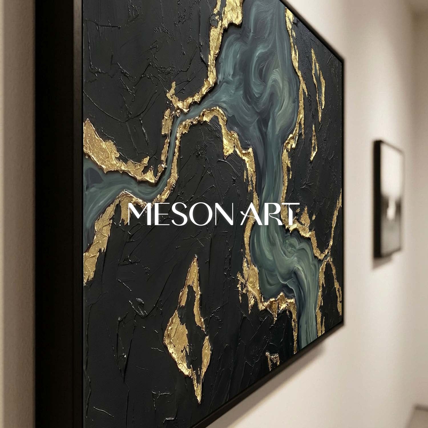 Gilded Midnight Ocean Plaster Art With Gold Veins For Living Room And Executive Office Decor