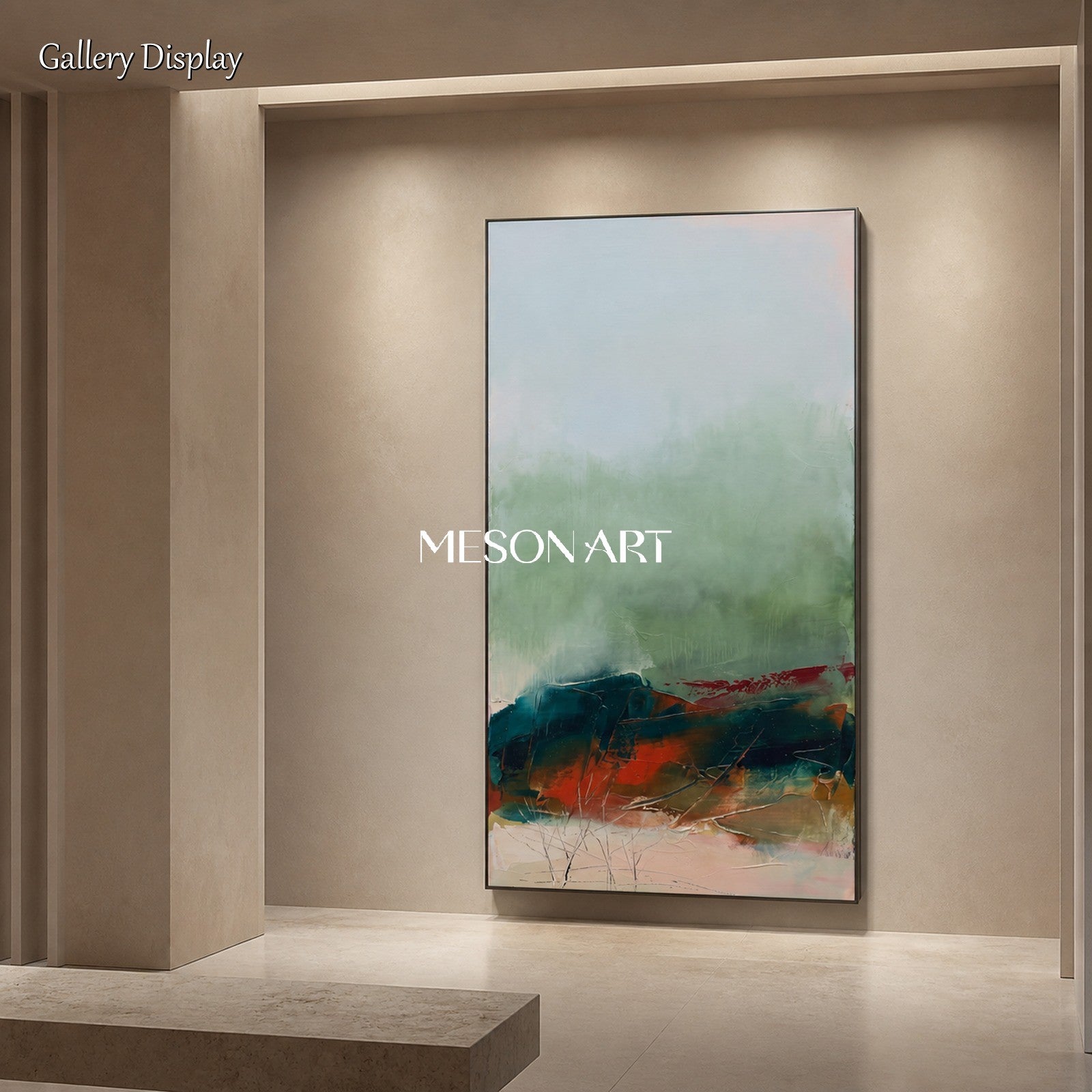 Green And Red Abstract Landscape Painting Contemporary Art Panoramic Wall Decor For Living Room By Mesonart