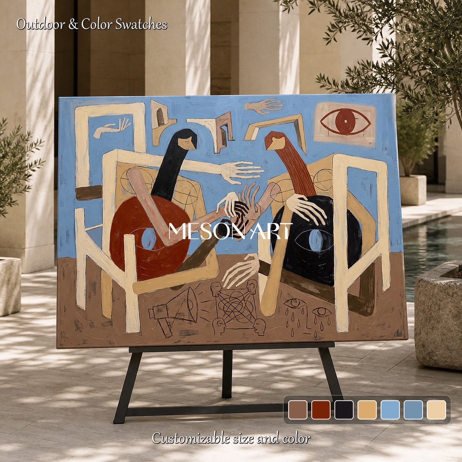 Blue And Brown Abstract Expressionist Figurative Painting Rectangular Wall Art For Living Room By Mesonart