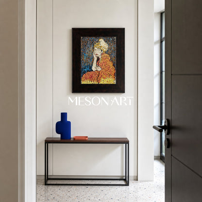 Art Deco Inspired Abstract Portrait Painting With Gold And Blue Tones For Modern Living Room Decor