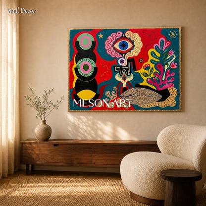 Surrealist Abstract Painting With Cosmic Symbols In Red And Blue For Modern Living Room Decor
