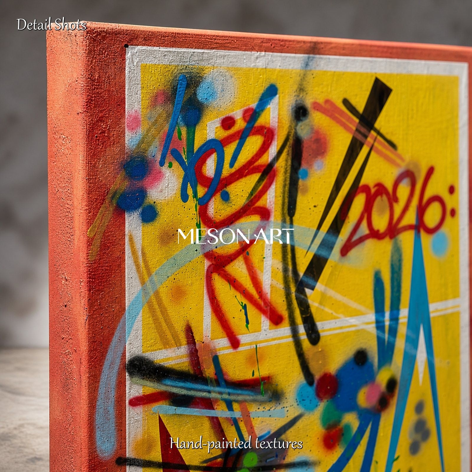 Red And Yellow Graffiti Art Original Artist Hand Painted Panoramic Wall Decor For Living Room By Mesonart
